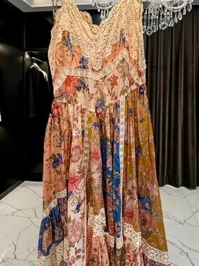 Zimmermann Peach Floral Lace-Trim Backless Maxi Dress